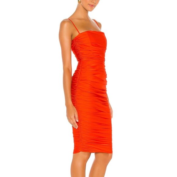Nookie Cooper Ruched Midi Dress Red Tangerine size Medium - Picture 7 of 17